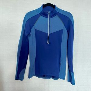 Athleta Blue Half Zip Up Popover Sweater Pocket Thumb Holes Sz S